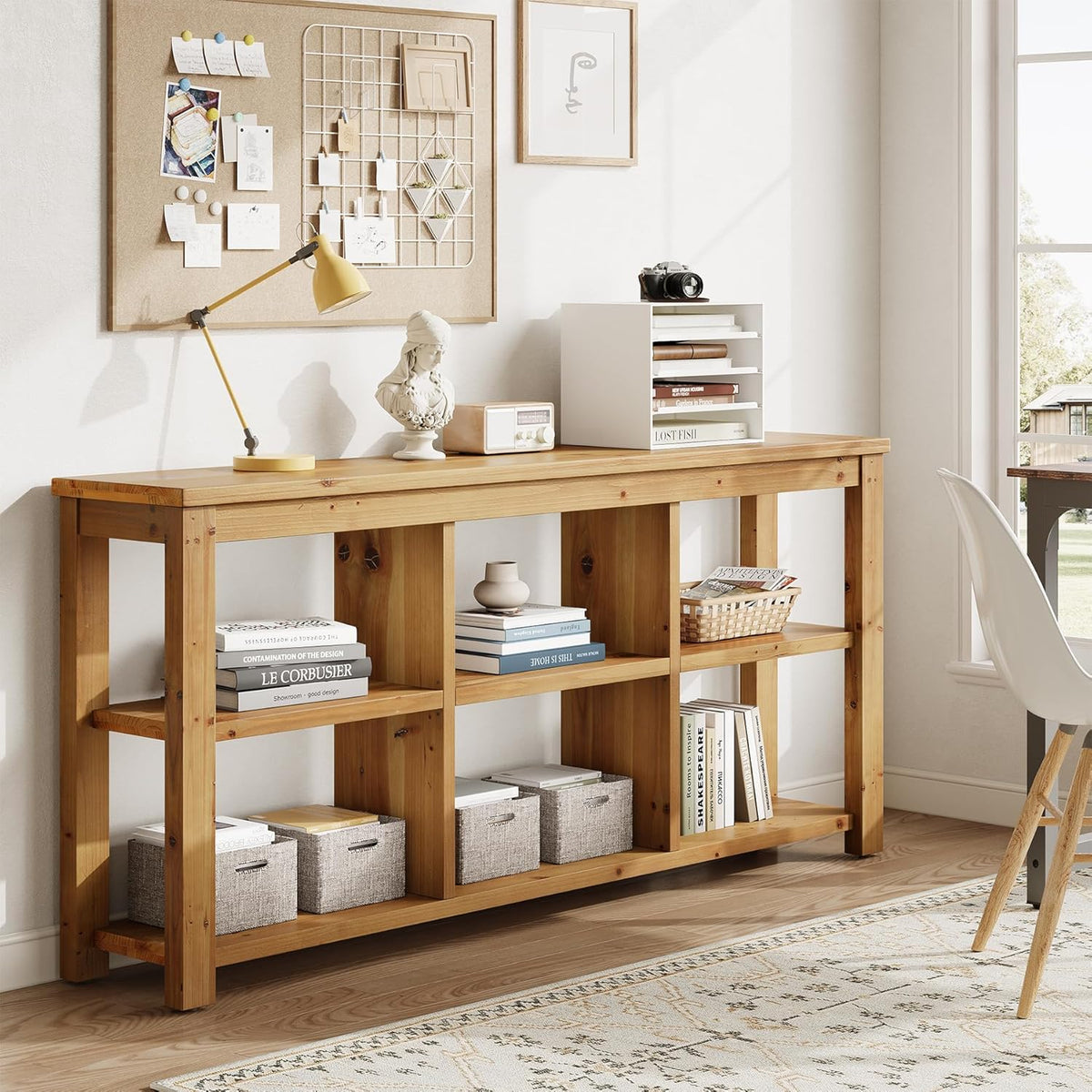 Solid Wood Horizontal Bookcase with Adjustable Shelves, 6 Cubes Storage Organ...