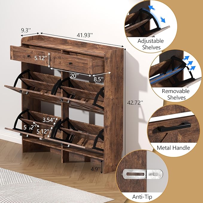 Shoe Cabinet with 4 Flip Drawers & 2 Storage Drawers, Rustic Farmhouse Narrow - Image 6