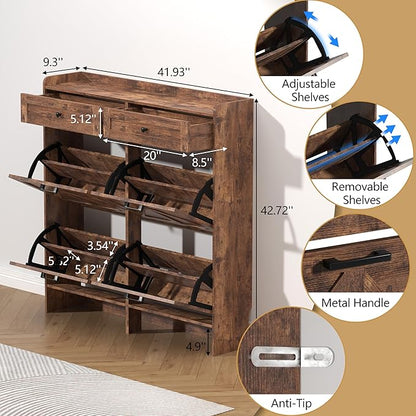 Shoe Cabinet with 4 Flip Drawers & 2 Storage Drawers, Rustic Farmhouse Narrow - Image 6