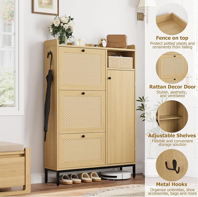 Rattan Wooden Shoe Cabinet, Freestanding 3-Flip Drawer Shoe Storage Organizer - Image 4