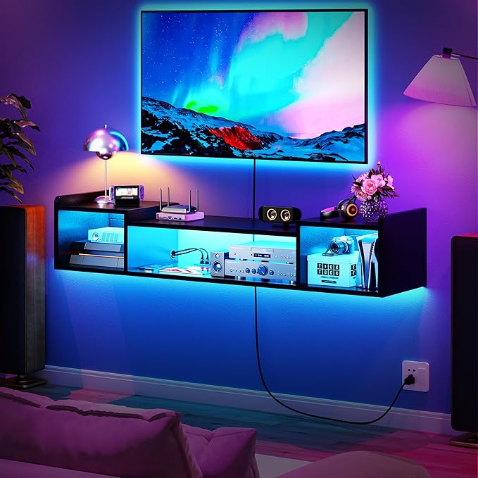 55.1"W Floating TV Stand with LED Lights & Power Outlets - Image 3