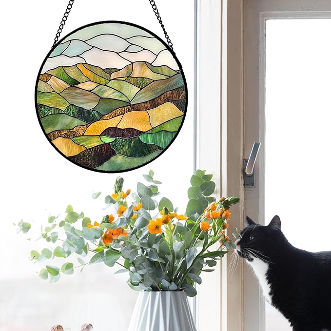 AMDERVEN Stained Glass Window Hanging 4 Pcs Set Mountain River Landscape 7.8" - Image 4