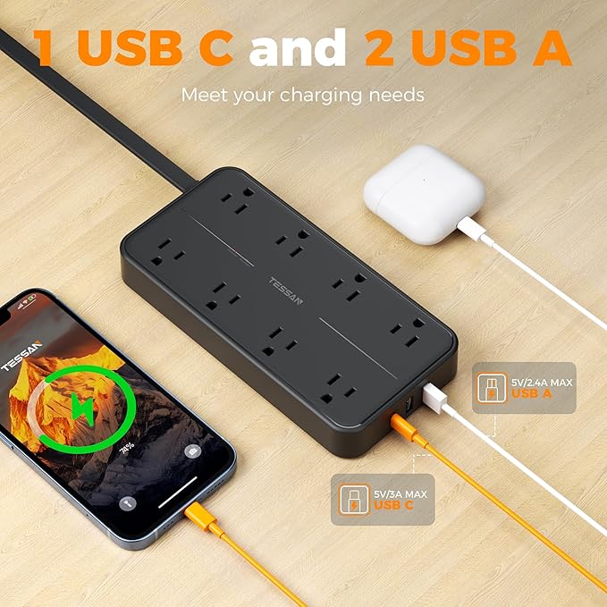2000J Surge Protector Power Strip, TESSAN 5 FT Extension Cord - Image 4