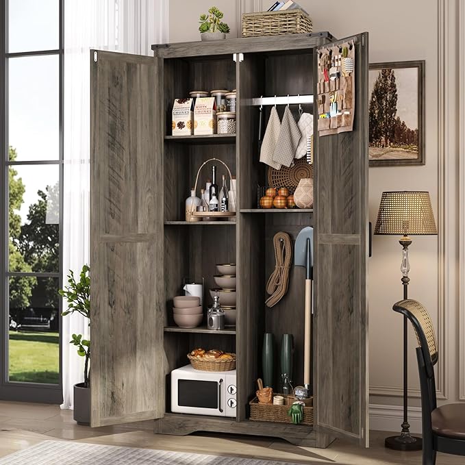 Tall Storage Cabinet with Adjustable Shelves, Farmhouse Pantry Organize with 2 - Image 4