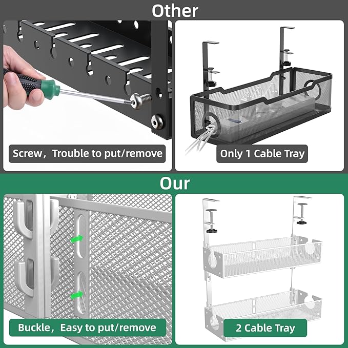 Multi-Model Under Desk Cable Management Tray 2 Packs Metal Under Desk Wire - Image 4