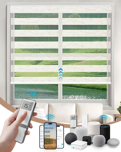 Motorized Blinds with Remote App Voice Control, Custom Zebra Shades | Ultra Quiet Electric Blinds for Windows Doors, Work with Apple Homekit, Alexa, Google Home (75% Blackout Linen White)