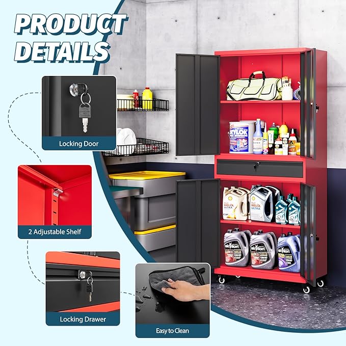 MIIIKO Storage Cabinet with Wheels, Metal Garage Cabinet with Drawer and Doors - Image 6