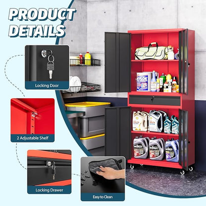 MIIIKO Storage Cabinet with Wheels, Metal Garage Cabinet with Drawer and Doors - Image 6
