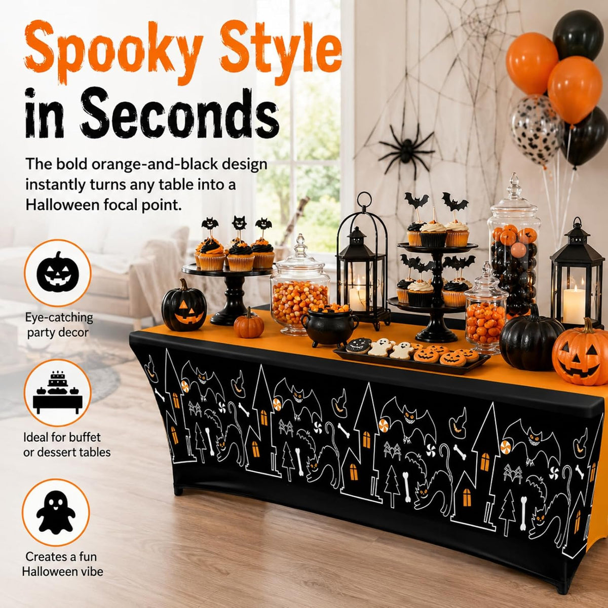 Oudain 2 Pcs Halloween Tablecloth 6 ft Black Orange Table Cover
