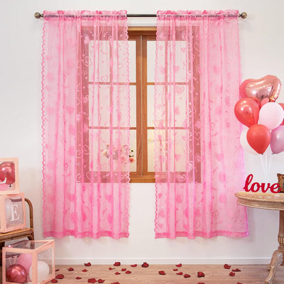Valentine's Day Lace Curtains 63 Inch Length for Living Room Pink | Holiday Decoration Love Heart Embroidery Weave Sheer Curtains, Rod Pocket Country Rustic Drapes 54 x 63 Inch 2 Panels