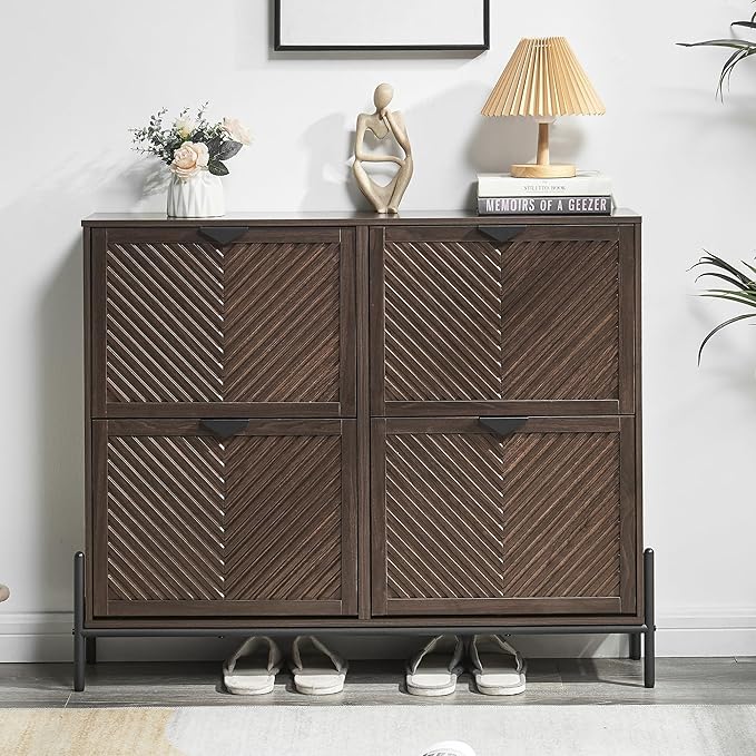 Shoe Cabinet Storage with 4 Flip Drawers, Narrow Hidden Shoes Organizer Cabinet - Image 5