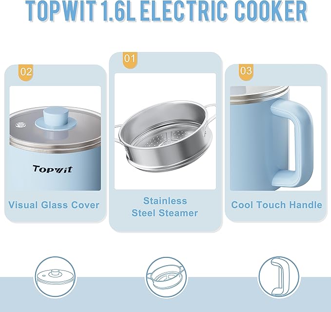 Topwit Hot Pot Electric with Steamer, 1.6L Ramen Cooker, Electric Pot - Image 8