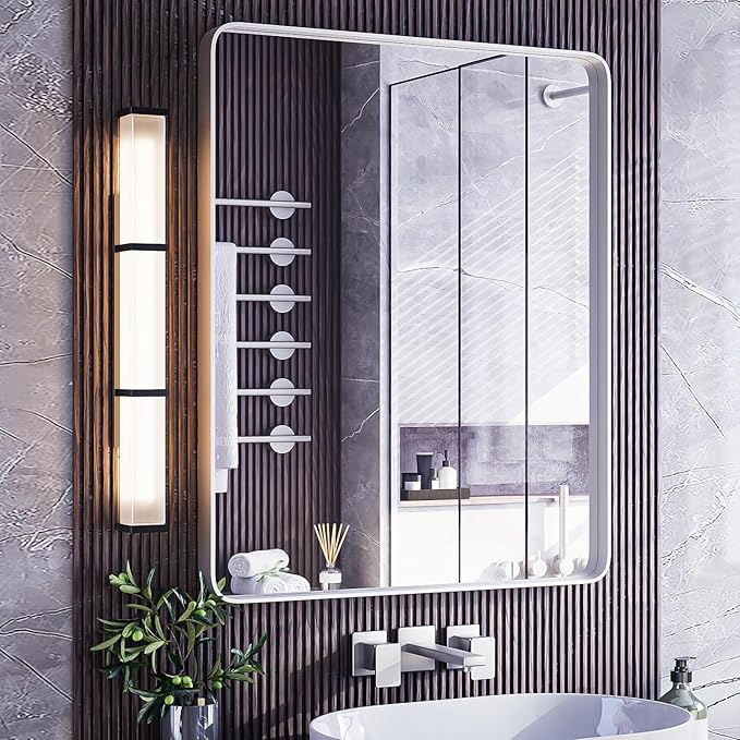 ISKM Silver Bathroom Mirror, 36 x 28 Inch Metal Rounded Rectangular Wall by ISKM-IStillKeepMovin