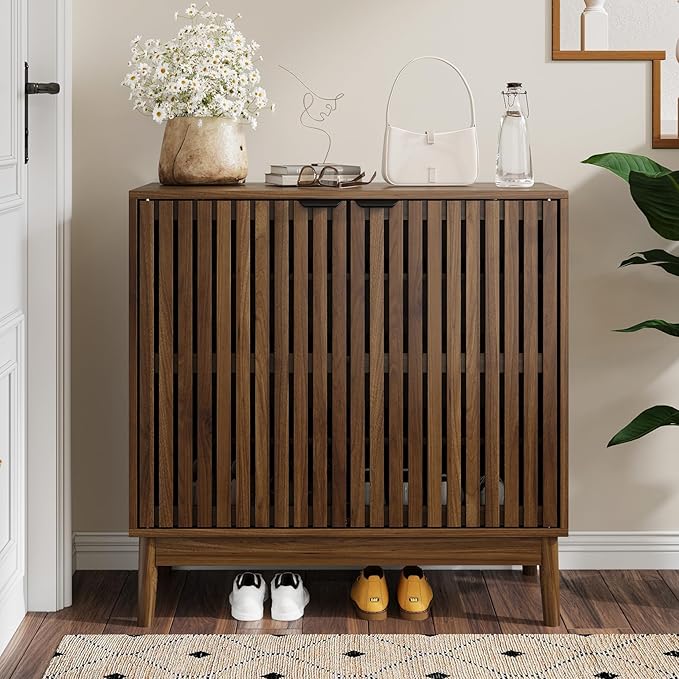 Shoe Storage Cabinet with Ventilated Slatted Doors, Wooden Shoe Organizer - Image 3