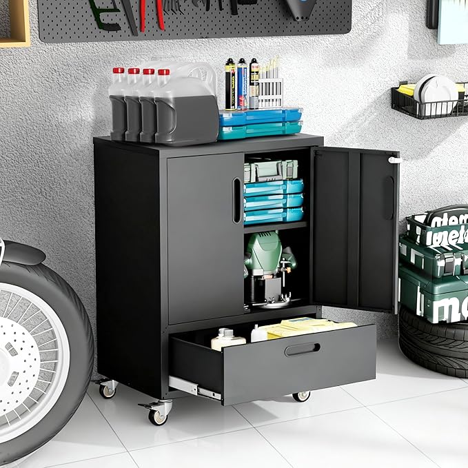 Metal Storage Cabinet with Wheels, Mobile Garage Storage Cabinet with 2 - Image 2