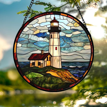 DASTOLL Stained Glass Window Hanging, Ocean Lighthouse Sun Catchers Glass Panel - Image 3