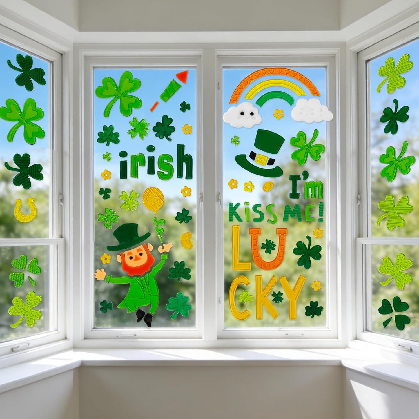 6 Pcs St Patricks Day Window clings–Reusable Window Cling for Glass Windows | Reusable window stickers for window clings with Shamrock Irish Rainbow Gnome Gel Window Clings for St Patrick Day Decorations