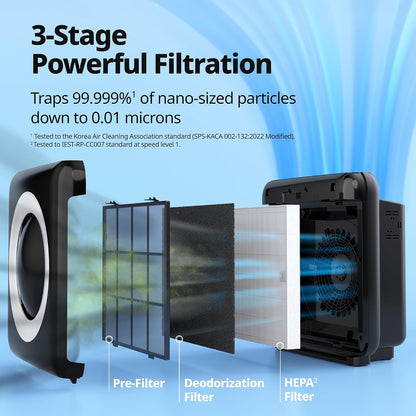 coway air purifier for home up to 1,748ft² showing dimensions