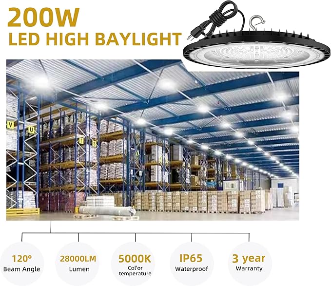 SOUTHLEVY 6 Pack UFO 200W LED High Bay Light, 5 ft Cable - Image 6