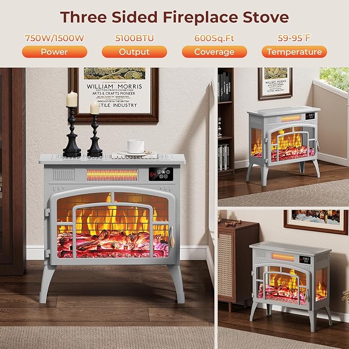 BREEZEHEAT Electric Fireplace Stove-Freestanding Fireplace Heater w/ 3D Flame - Image 2