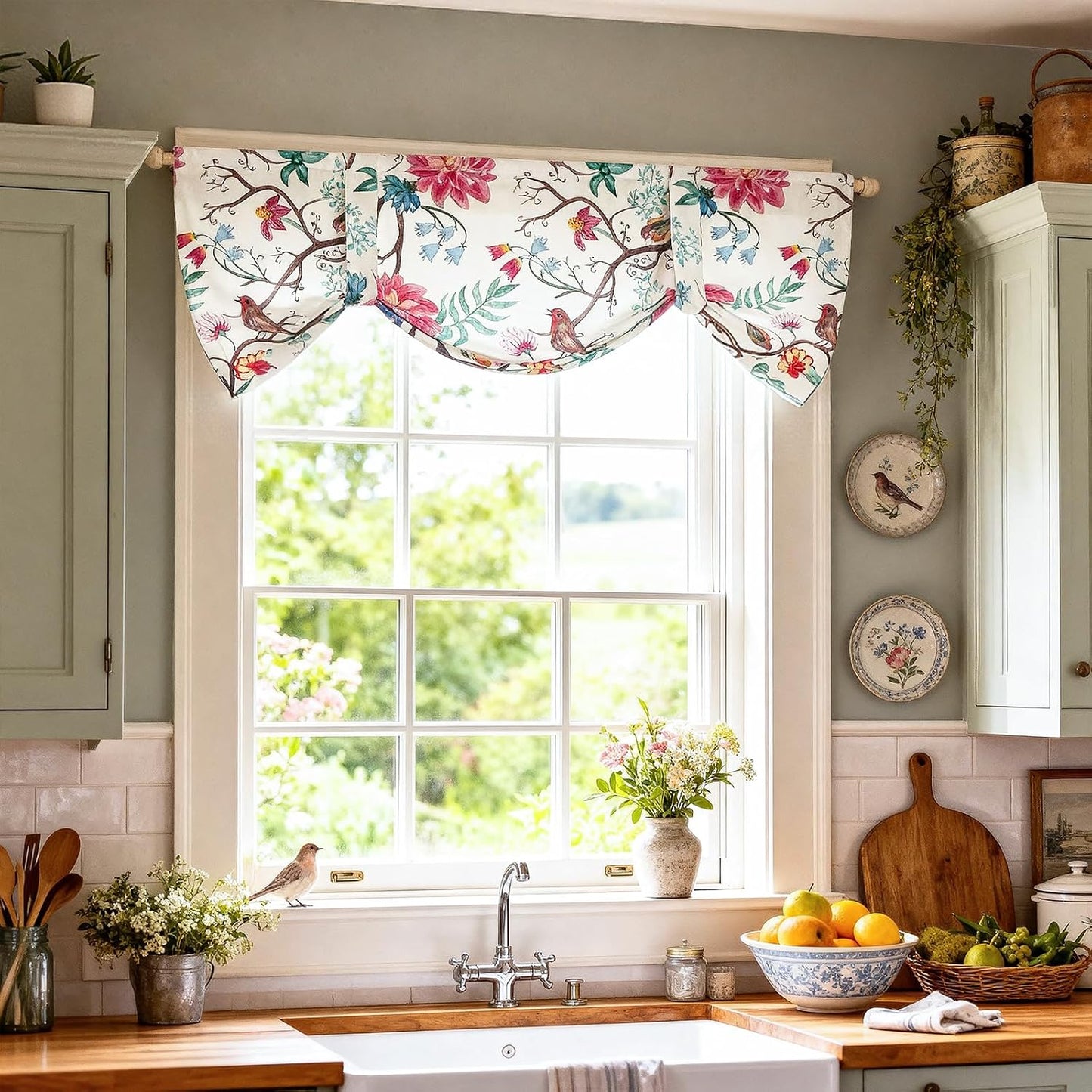 Bird Floral Tie Up Valance, Country Style, 52 x 18, 1 Panel | Soft Fabric Texture, Adjustable Length, Filters Sunlight, for Kitchen or Bedroom Windows