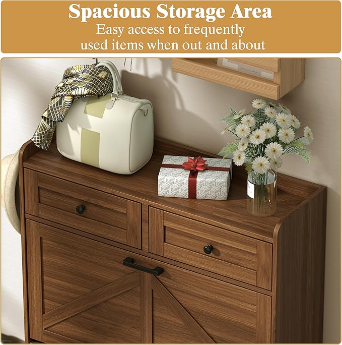 Shoe Cabinet with 2 Flip Drawers & 2 Storage Drawers, Rustic Farmhouse Narrow - Image 4