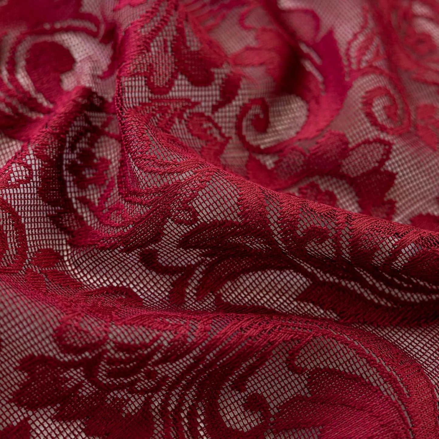 ALIGOGO Burgundy Sheer Curtains 63 Inch Length 2 Panels, Victorian Floral Red Lace Curtains for Bedroom, Embroidered Privacy Rod Pocket Scalloped Burgundy Home Décor, 52W x 63L Inch, Dark Red