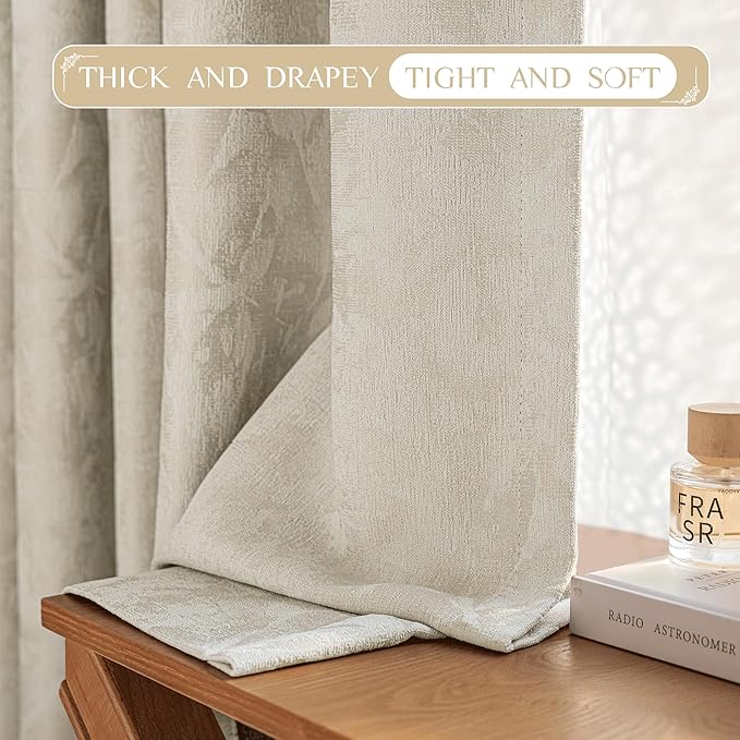 Beauoop Beige Floral Jacquard Blackout Curtains 90 Inches Long 2 Panels - Image 6