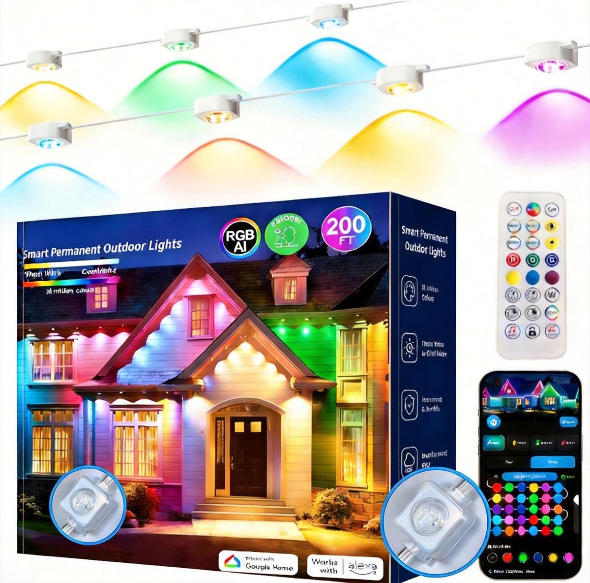 Permanent Outdoor Lights 200ft RGB+IC Outdoor String Lights App&Voice Con...