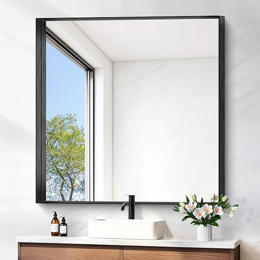 Black Bathroom Mirror, 42x42 Inch Rectangular Framed Mirror, Large Wall Mounted by Unknown