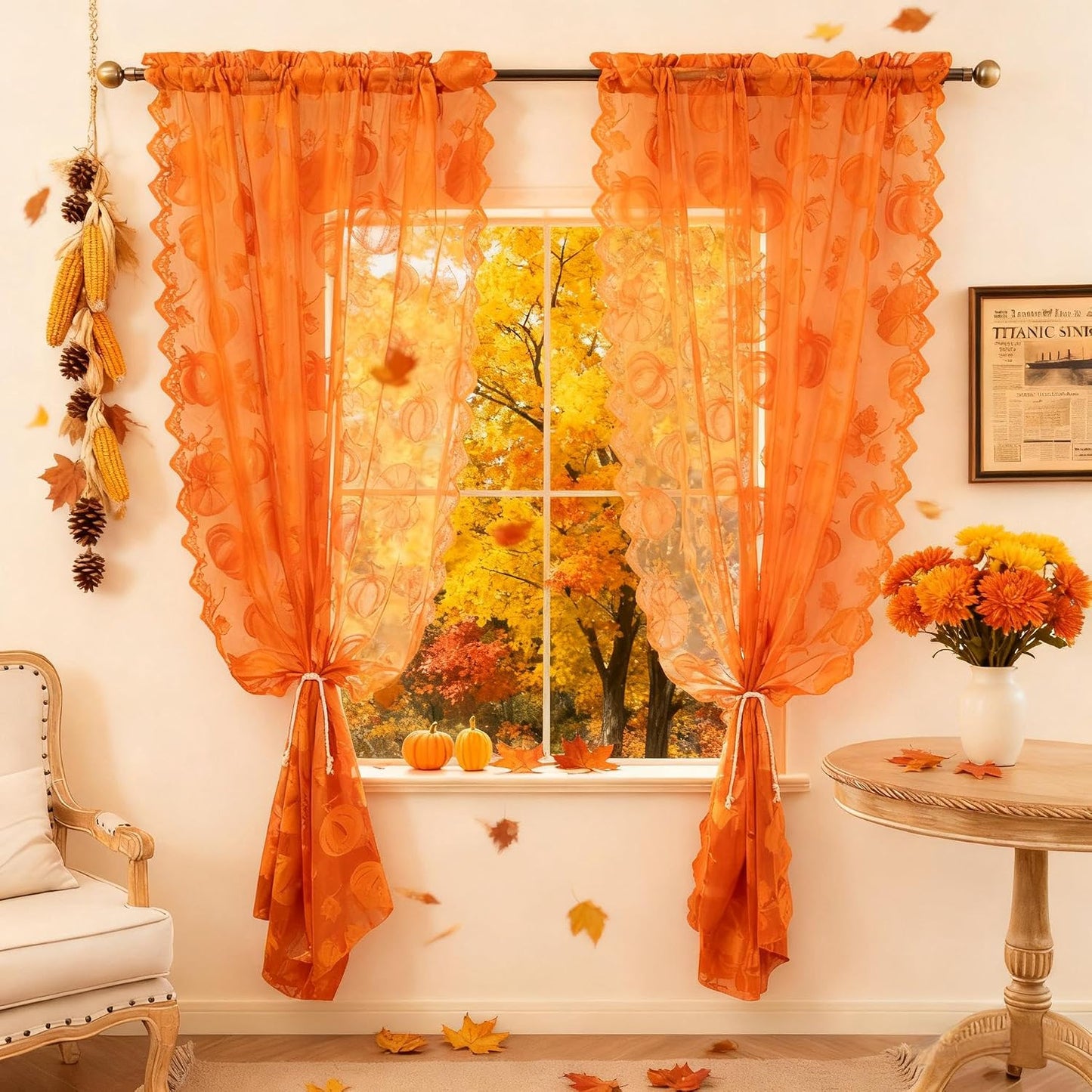 Fall Lace Curtains 84 Inches Long for Living Room Thanksgiving | Holiday Decoration Burnt Orange Sheer, Weave Harvest Pumpkin Design, Rod Pocket, Country Rustic, 54 x 84 Inch 2 Panels