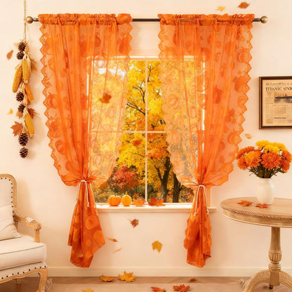 Fall Lace Curtains 84 Inches Long for Living Room Thanksgiving | Holiday Decoration Burnt Orange Sheer, Weave Harvest Pumpkin Design, Rod Pocket, Country Rustic, 54 x 84 Inch 2 Panels