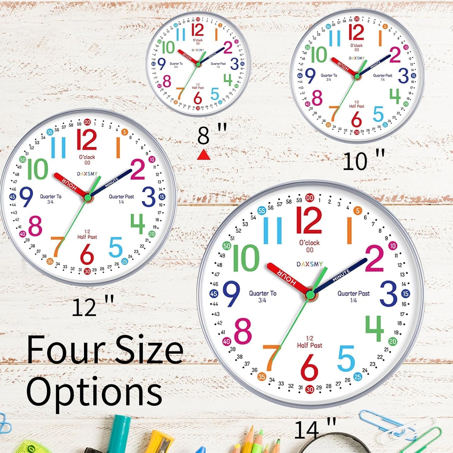 Roymnie Wall Clock for Kids Learning Battery Operated Teaching Silent 8" | Learning to Tell Time Easily Non Ticking Analog Colorful Teaching Time Clock Decorative for Kids Room Classroom School Modern
