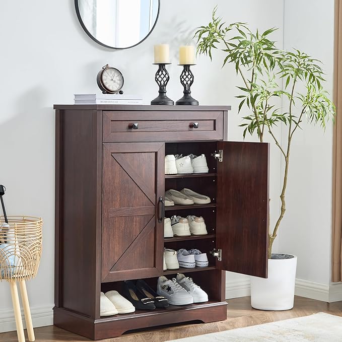 SOOWERY Shoe Cabinet with Drawer, Farmhouse Shoe Storage Cabinet with Doors - Image 3