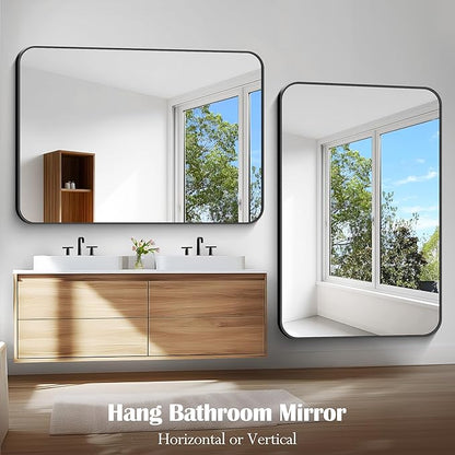 Large Bathroom Mirror, 60 x 40 inch Black Rectangle Mirror, Metal Framed - Image 8