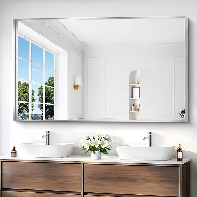 Silver Bathroom Mirror, 36x60 Inch Rectangular Deep Frame Mirror, Large Wall - Image 2