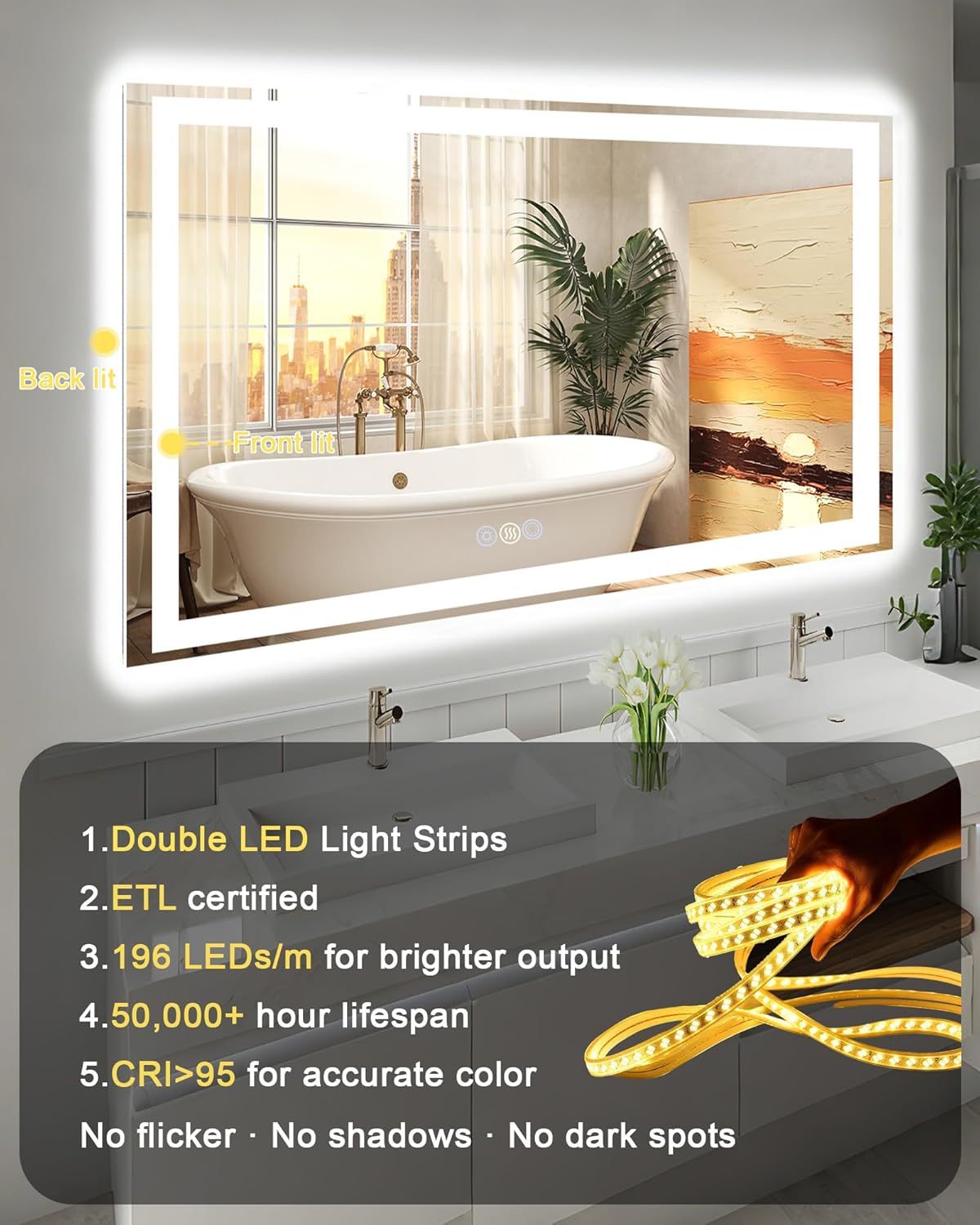 24x32 LED Bathroom Mirror, 6000LM, Separate Front and Back Lights | UL Certified,Shatter-Resistant Tempered Glass,Auto-Off Defogger,3 Color Modes,Smooth Dimming,Smart Memory Setting