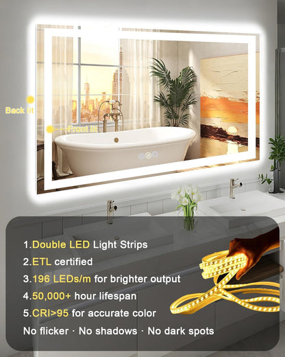 24x32 LED Bathroom Mirror, 6000LM, Separate Front and Back Lights | UL Certified,Shatter-Resistant Tempered Glass,Auto-Off Defogger,3 Color Modes,Smooth Dimming,Smart Memory Setting