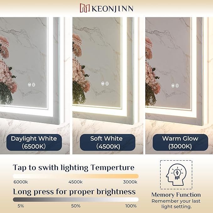 Keonjinn LED Mirror 24 x 32 Inch, Lighted Bathroom Vanity Mirror - Image 4