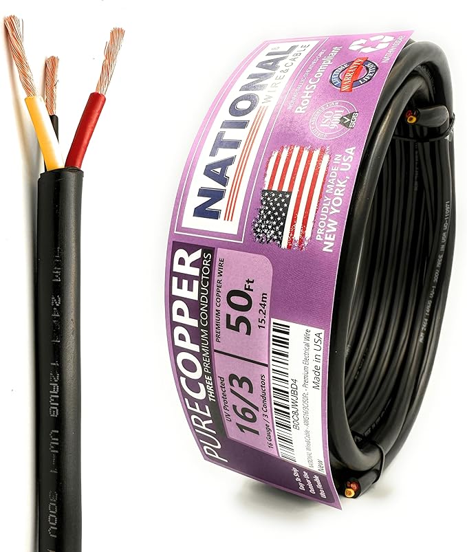 NATIONAL Wire & Cable – 16 AWG 3-Conductor Premium Copper Wire, 50 ft, Stranded by NATIONALWireCable
