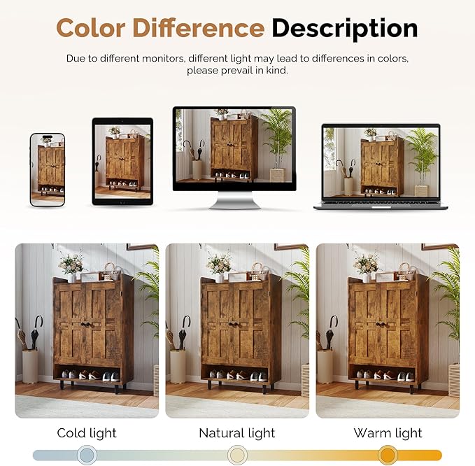 Farmhouse Shoe Cabinet with Doors, 6-Tier Wooden Shoe Organizer with Adjustable - Image 7
