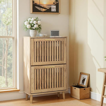 Shoe Cabinet with 2 Flip Slatted Drawers, Farmhouse Slim Shoe Organizer Rack - Image 6