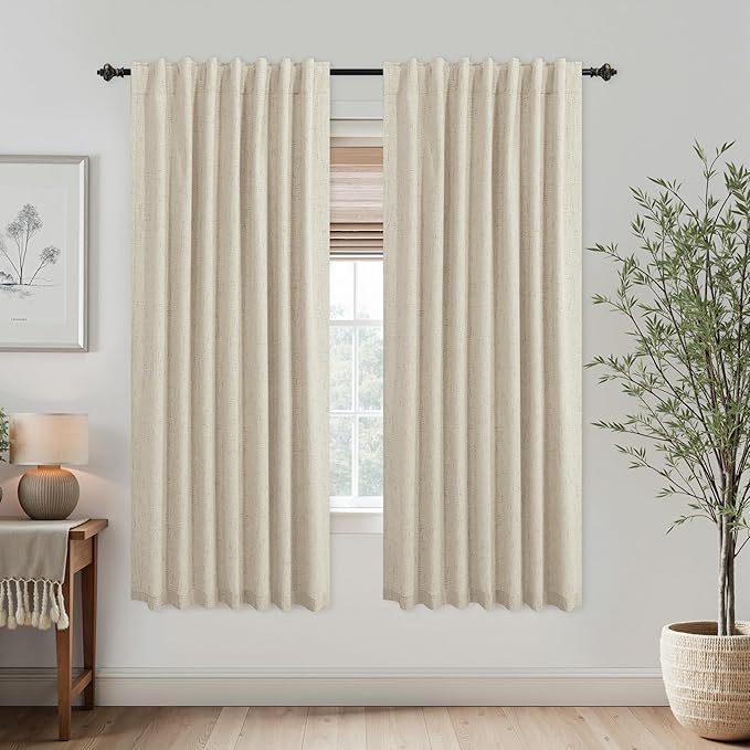 KOUFALL 52x72 Inches Long Light Tan Back Tab Linen Blackout Curtains by KOUFALL