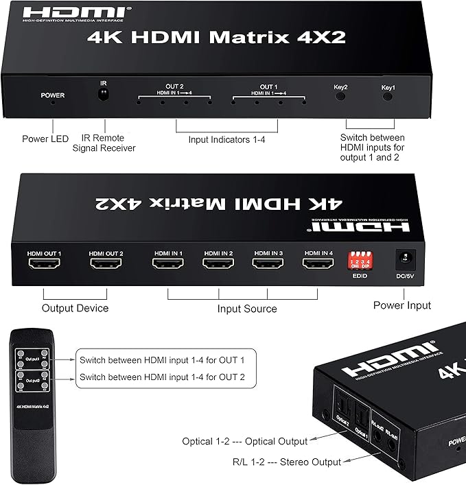FERRISA 4x2 HDMI Matrix Switch, 4 in 2 Out Matrix HDMI Video Switcher Splitter - Image 8