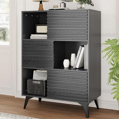 IDEALHOUSE Fluted Cabinet with Sliding Doors, Modern Wooden Storage Cabinet by IDEALHOUSE