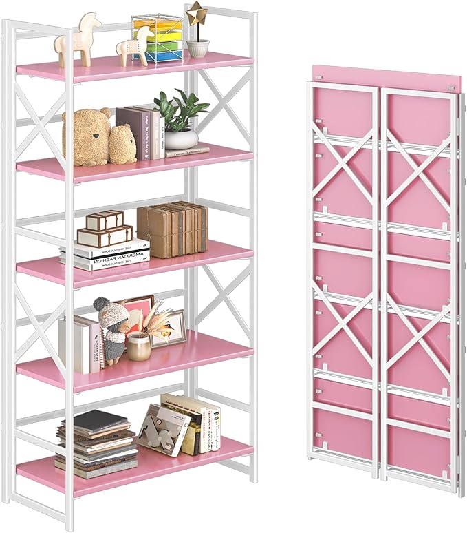 4NM 5 Tiers No Assembly Book Shelves, 51.2" H Folding Bookshelf Bookcase Open by 4NM