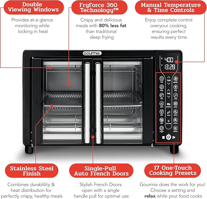 Gourmia Toaster Oven Air Fryer Combo 17 cooking presets 1700W french door - Image 6