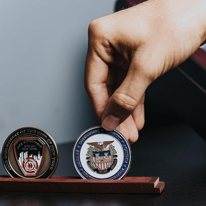 Treevers Large Challenge Coin Display Case - Pride of Service Engraved Edition - 17-Slot Military Shadow Box for Army, Navy & Police - Solid Wood Cabinet with Lockable Crystal-Clear Door & Wall Mount