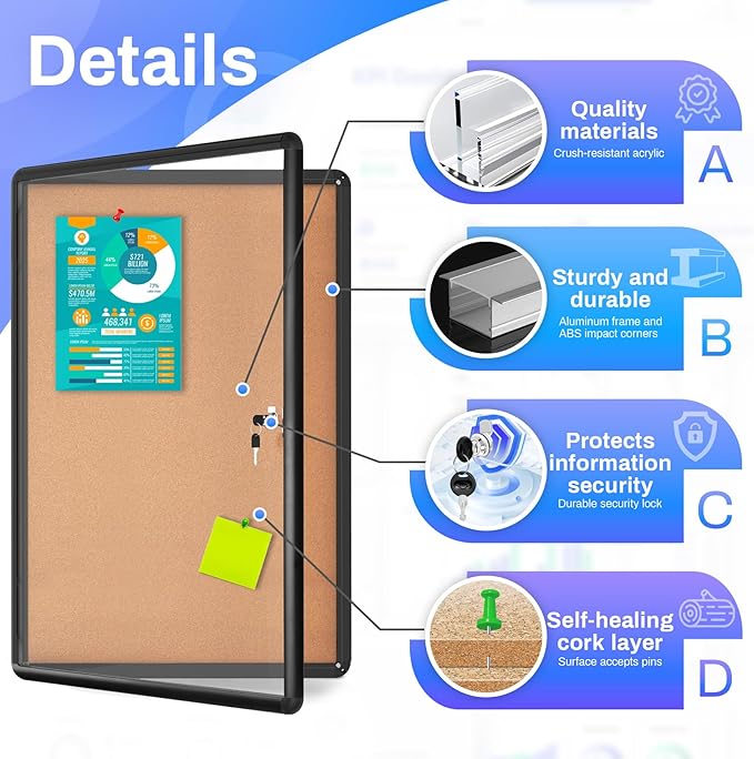 Magula 36"x24" Enclosed Bulletin Board Tamper-Proof Dispaly Case, Shatter - Image 4