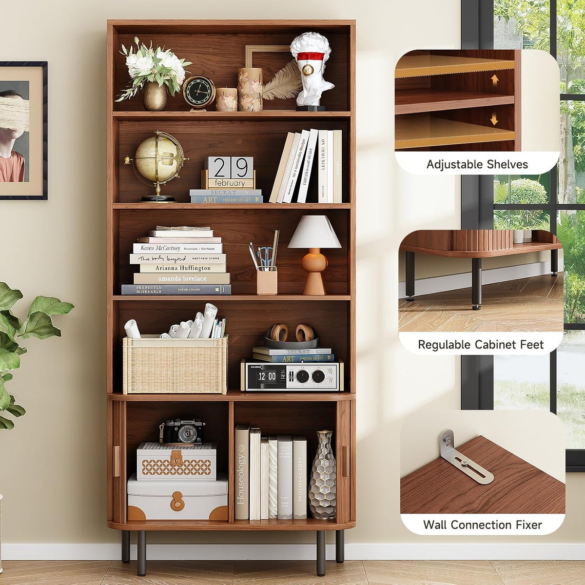 ONBRILL 71" T Bookshelf with Sliding Door, 31.5" W Bookcase Storage...
